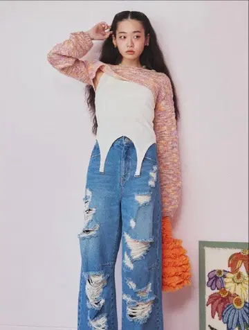 택 포함 미사용 LILY BROWN 브로큰 와이드 데님 팬츠 00 사이즈