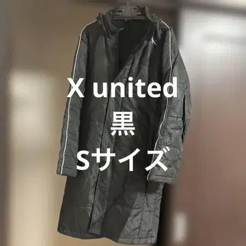 X united 블랙 롱 코트 후드 부착