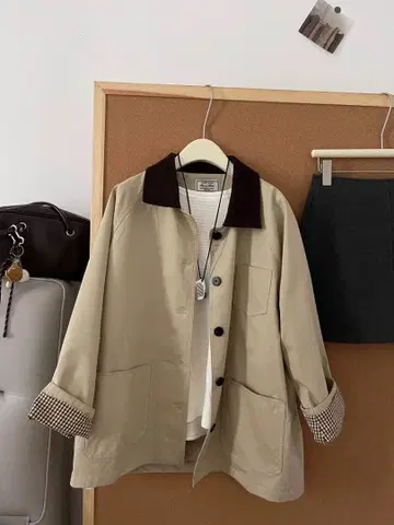 접이식 카라 배색 롱 자켓/체크 소매 뒷면/빅 포켓/고급 아우터