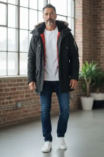 블랙 다운 자켓 빨간색 체크 무늬