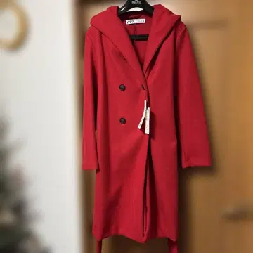 ZARA 레드 후드 부착 더블 버튼 롱 코트
