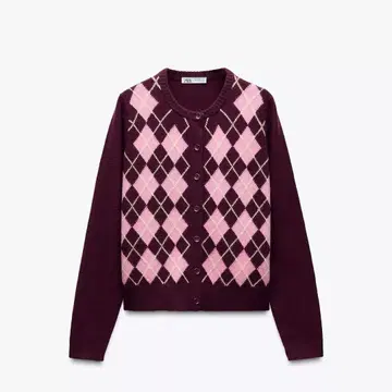 ZARA 자라 100% 울 아가일 무늬 니트 가디건 S