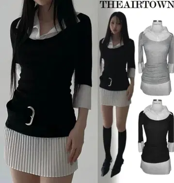 THEAIRTOWN 투톤 플리츠 원피스