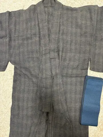 그레이 계열 체크 무늬 유카타 오비 포함