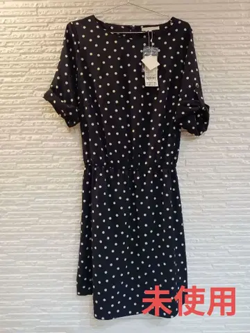 미사용 새상품 택 포함 자유구 도트 무늬 원피스 네이비 허리 벨트 포함