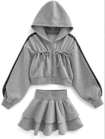 리본 후드티 x 미니 스커트 맨투맨 셋업[pm742]