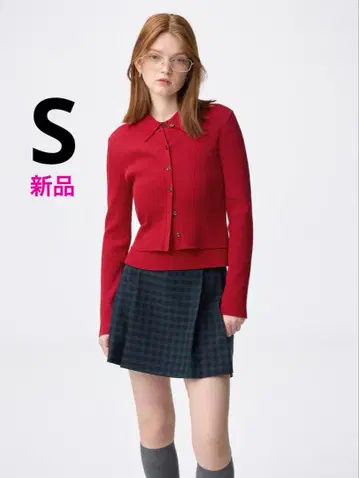 2피스 리브 니트 피케 셔츠 여성용 지유 GU 레드 S 새상품 빨간색