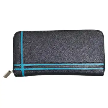 남성용 장지갑 PU 가죽 W 라인 라운드 지퍼 블랙/블루