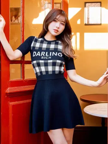 다리치 깅엄 체크 니트 미니 원피스