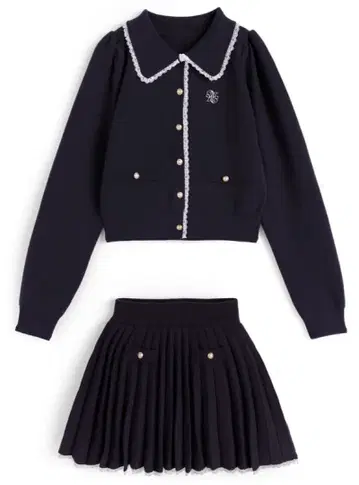 그레일 레이스 니트 가디건 x 속바지 안감 부착 플리츠 스커트 셋업