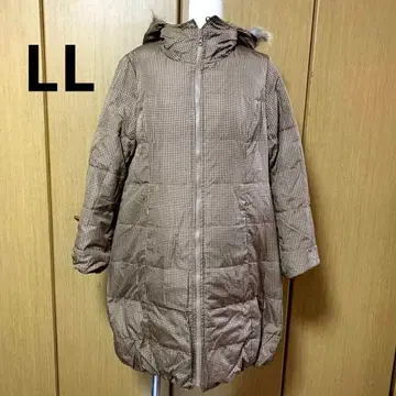 퍼 달린 베이지 체크 롱 다운 자켓 리버서블