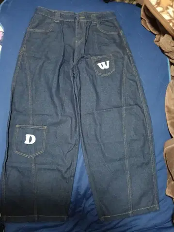 다크 데님 워크 팬츠 D W 자수