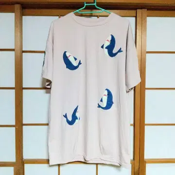 상어 자수 T셔츠 반팔 핑크 베이지 여성용 프리 사이즈