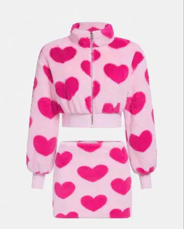 핑크 하트 무늬 플리스 셋업