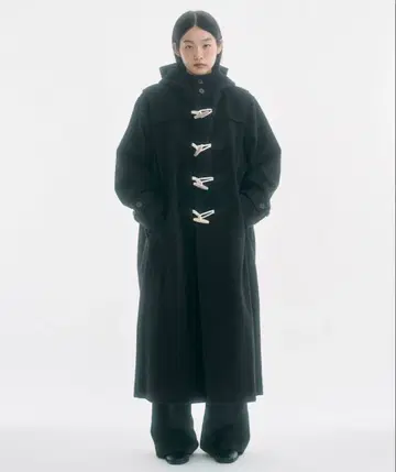 fekete 더플 코트 후드 부착 블랙