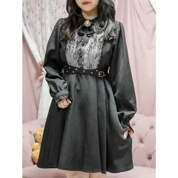 ROJITA 로지타 브로치 포함 레이스 절개 크로스 벨트 원피스 블랙