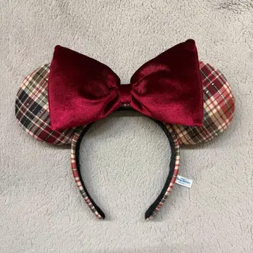 디즈니 미니 머리띠 빨간색 체크 무늬