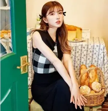 협의 할인 darich 빅 칼라 깅엄 체크 니트 롱 원피스