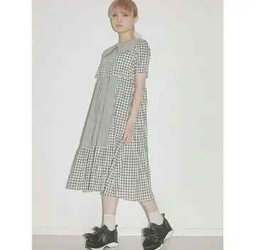 merry jenny 깅엄 스캘럽 칼라 원피스 반팔 그레이