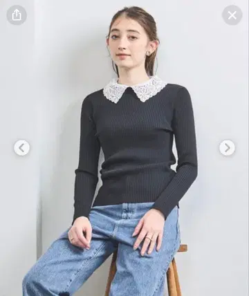 유나이티드 애로우즈 레이스 카라 부착 리브 니트