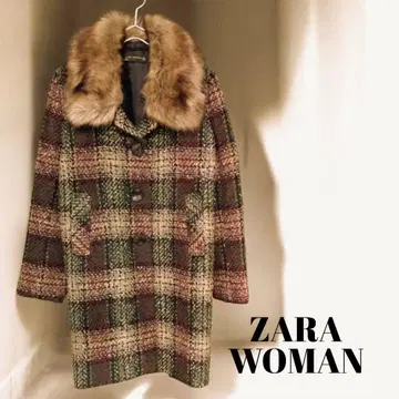 ZARA WOMAN 퍼 트위드 체크 체스터 코트