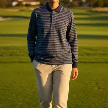 ANDRE LUCIANO 네이비 긴팔 피케 셔츠 골프 보더 구제 의류