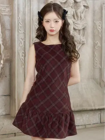 다리치 타탄 체크 슬리브리스 미니 원피스