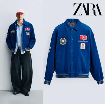 ZARA 코듀로이 패치 자수 자켓 파랑 XL 29970엔 완판템