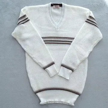 일본제 화이트 V넥 로게이지 니트 스웨터 L 큼직한 니트