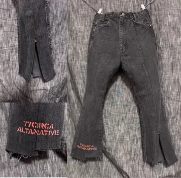 정가 35,200엔 77CIRCA 남성용 지퍼 슬릿 리메이크 데님 블랙