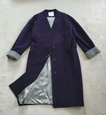 UN3D 노카라 퍼플 롱 코트 코쿤 바이컬러 36 울 안감 실버