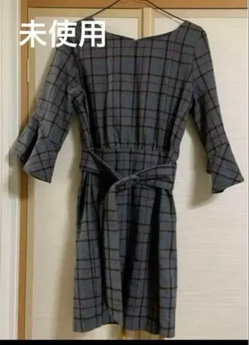 미사용 플레어 소매 그레이 체크 원피스 벨트 M