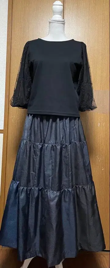 기모노 리메이크 심플 남색 계열 오시마 패치워크 캉캉 스커트