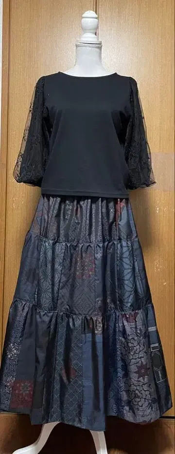 기모노 리메이크 남색 계열 올 패턴 오시마 패치워크 캉캉 스커트