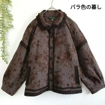 장밋빛 인생 꽃무늬 자켓 경량 얇은 소재 장미 버튼 레이스 브라운 레트로