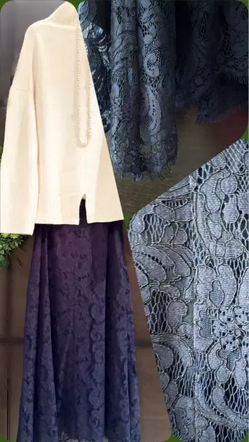 네이비 레이스 플레어 스커트 롱