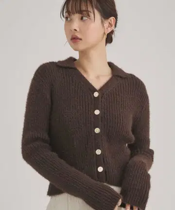 미사용 새상품 fifth 미니 페더 카라 니트 가디건 브라운