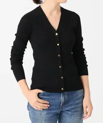 이에나 2 x 1 리브 V넥 가디건 울 100% 얇은 소재 블랙