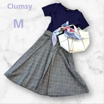 클램지 원피스 퍼플 글렌체크 M 벨트 플레어 스커트