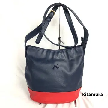 새상품급 Kitamura 키타무라 네이비 레드 가죽 숄더백 자수