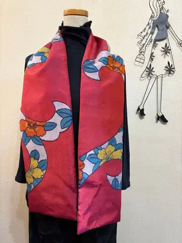 앤티크 명선 빨간색 꽃무늬 롱 스톨 17 x 147