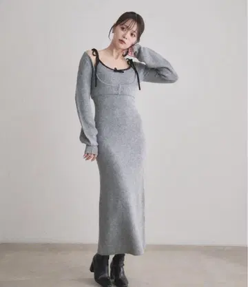 바이컬러 앙상블 니트 롱 원피스 fupel 그레이