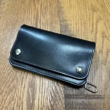 3단 미들 트래커 지갑 도치기 가죽 블랙 실버 트래커 지갑