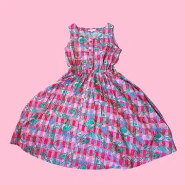 원피스 컬러풀 귀여운 구제 의류 80s 레트로 로카빌리 핑크