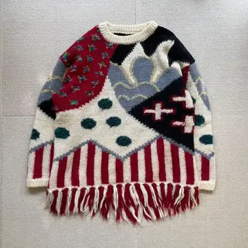 90s 아트 패턴 프린지 니트 개성파 디자인 구제 의류 총 패턴 니트