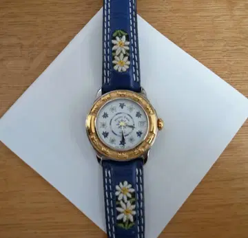 MICHEL JORDI 스위스산 손목시계 에델바이스 자수 가죽 벨트 파랑