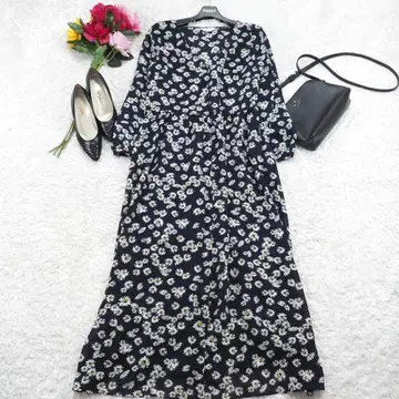 G9650*슬로브 이에나 꽃무늬 맥시 길이 롱 원피스 네이비