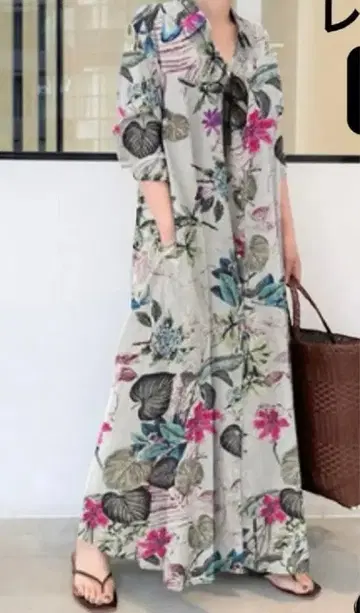 플라워 프린트 롱 셔츠 원피스