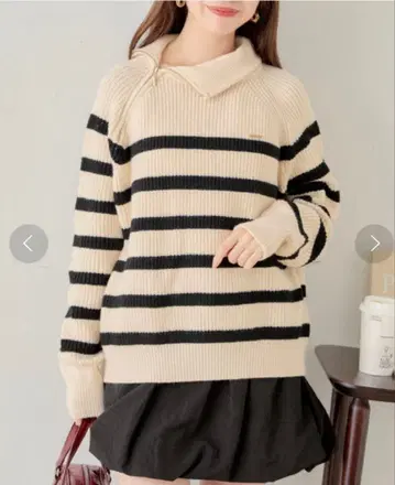 Chico 아지메 하프 지퍼 루즈 니트 스웨터 보더 화이트 블랙