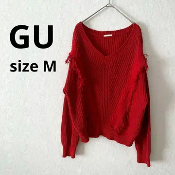 GU / 지유 프린지 니트 M 빨간색 V넥 루즈핏 러블리 스타일